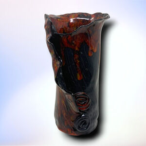 Vintage Studio Pottery Vase Drip Glaze Textured Signed 8" Red Orange Black